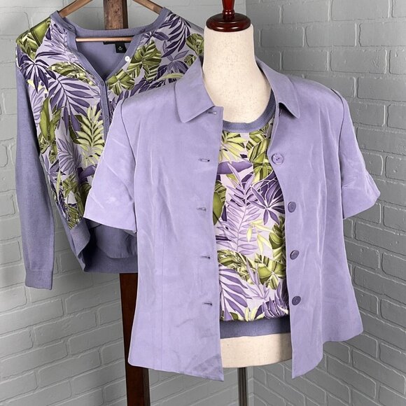 Josephine Chaus‎ 3Pc Set Women Medium Purple Floral Jacket Cardigan Top Silk - Picture 1 of 16